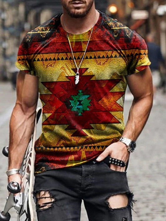 Men's Western Ethnic Print Crew Neck Short Sleeve T-Shirt