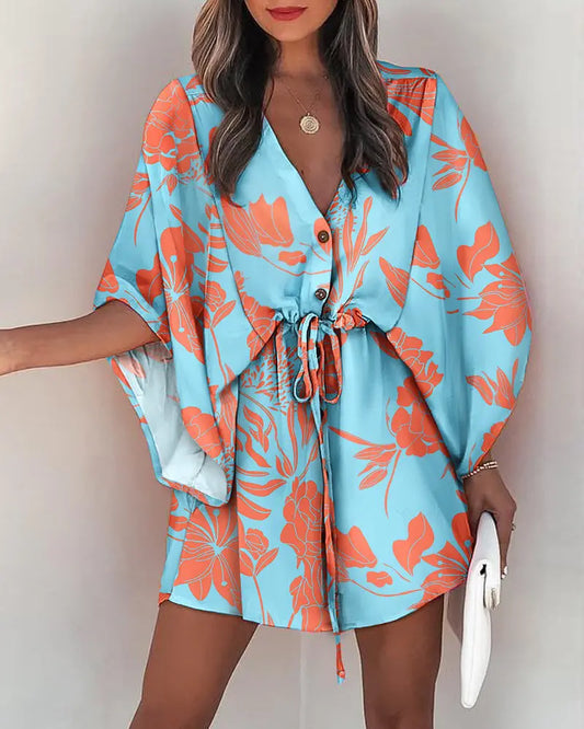 Casual V-Neck Open Waist Printed Mini Dress