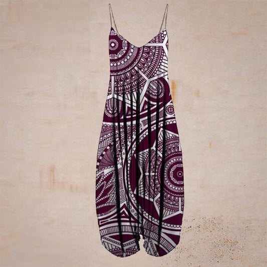 Burgundy Ethnic Print Harun Suspender Pants