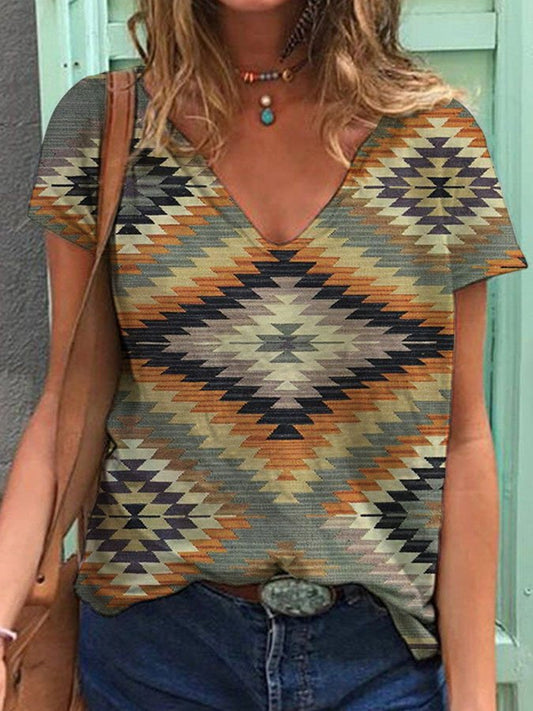 Ethnic Print V-Neck T-Shirt