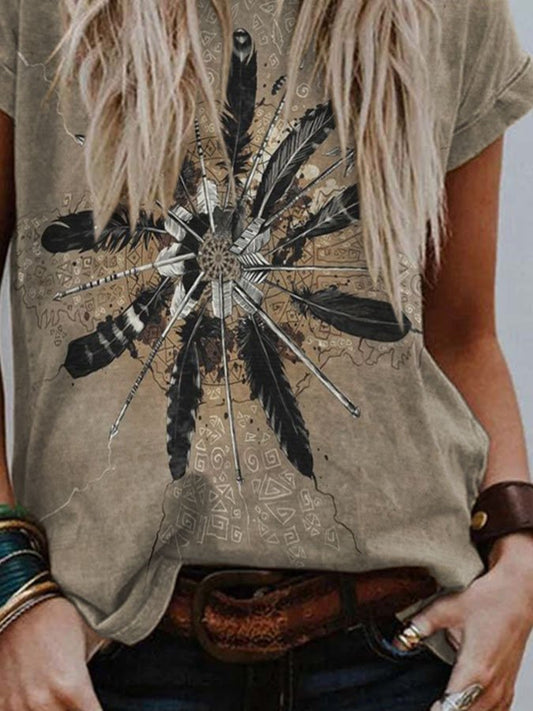 Vintage Feather Print Short Sleeve T-Shirt