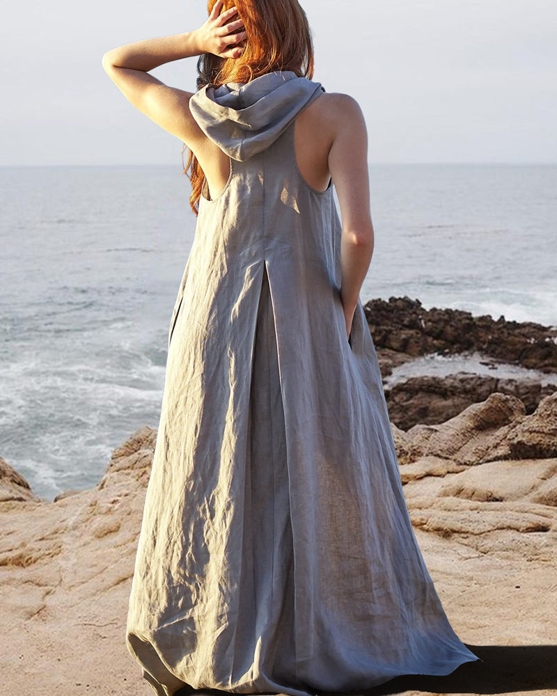 Linen Hoodie Sleeveless Kaftan Dress