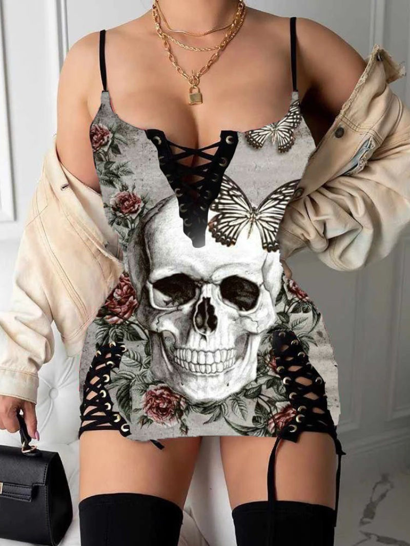 Skull Printed Lace Up Cami Dress