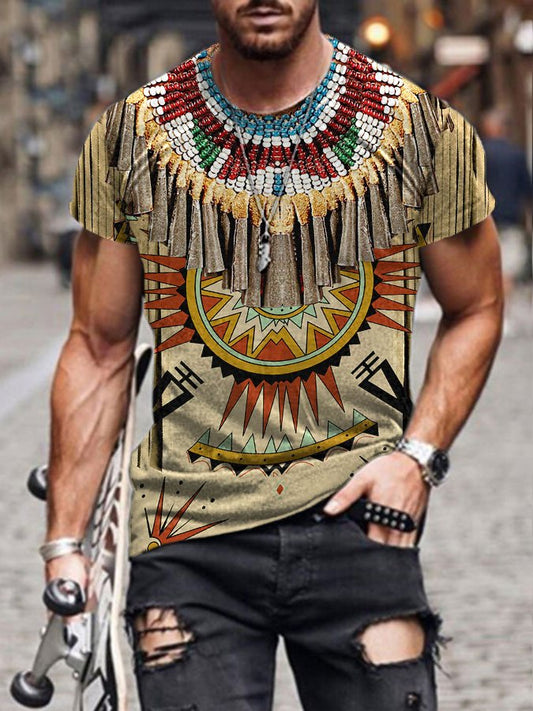 Men's Western Ethnic Print Crew Neck Short Sleeve T-Shirt