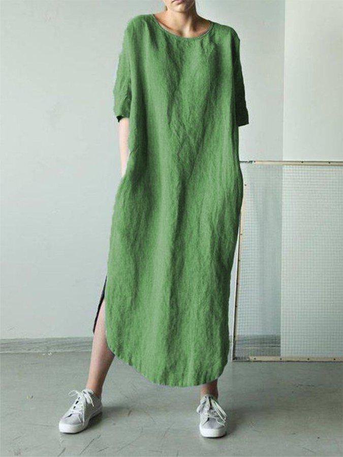 Women's Round Neck Mid Sleeve Cotton Linen Dress