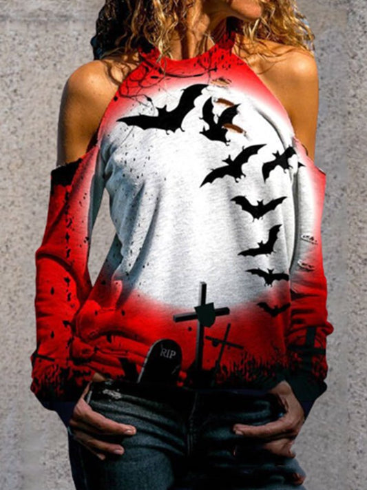 Halloween Off-The-Shoulder Print Shirt