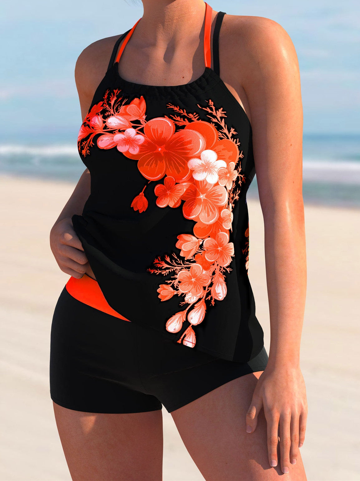 Cross Strap Floral Print Halter Tankini Set
