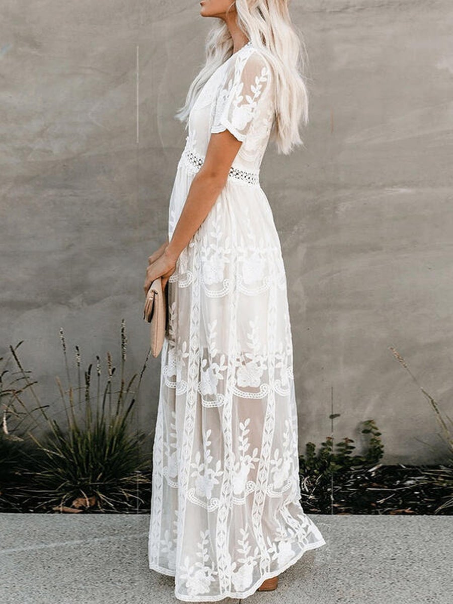 Lace Solid Short Sleeves A-line Maxi Dress