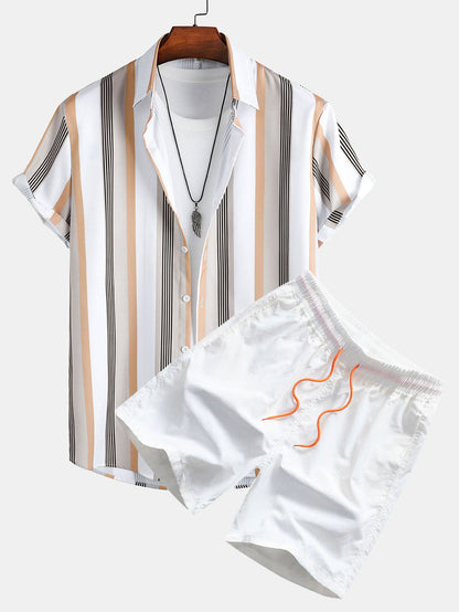 Stripe Print Button Up Shirt & Swim Shorts