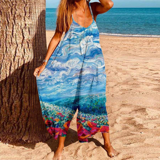 Women's Casual Oil Painting Printed Sleeveless Loose Jumpsuit