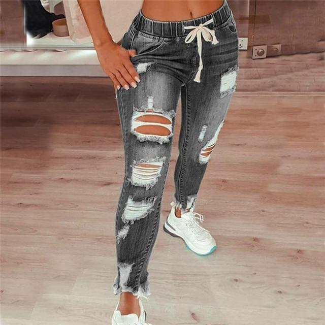 Women Ripped Hole Stretch Slim Pencil Jeans