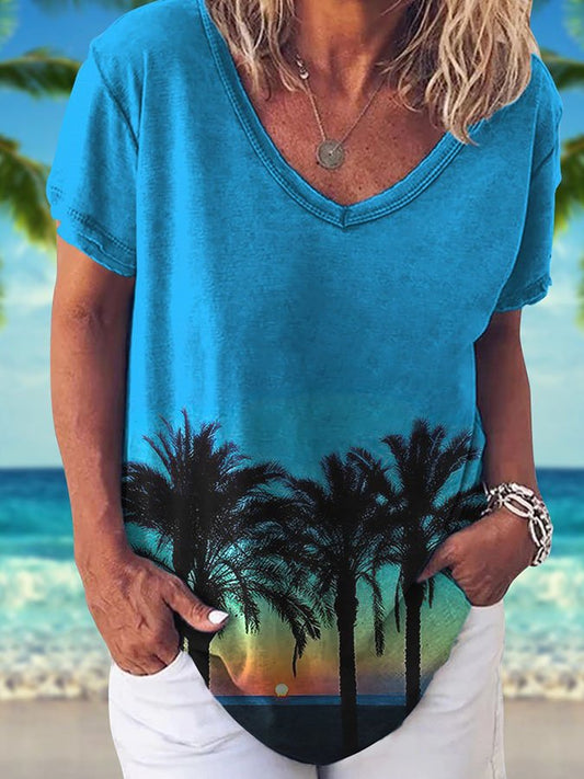 V-Neck Palm Tree Print Short Sleeve T-Shirt