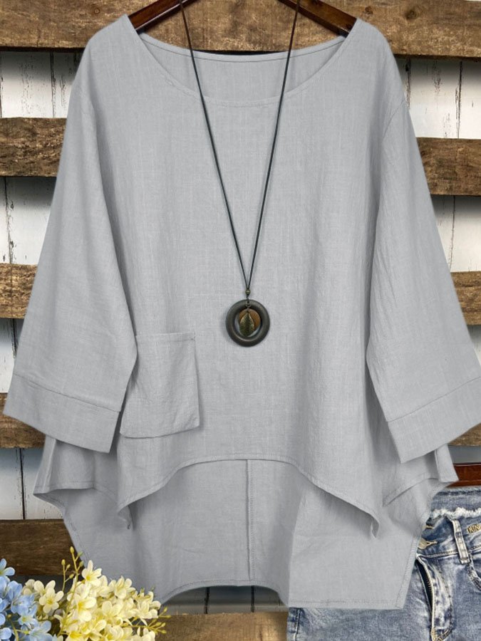 Vintage Round Neck Casual Cotton And Linen Top