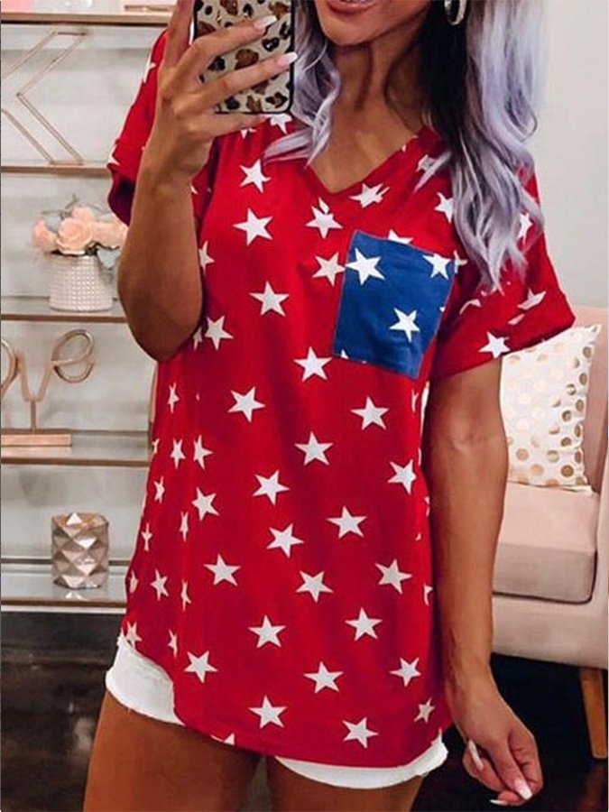 Women's Independence Day Star Print V-Neck T-Shirt