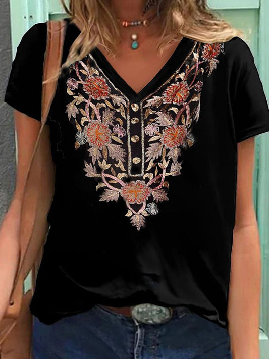 V-Neck Ethnic Floral Print T-Shirt