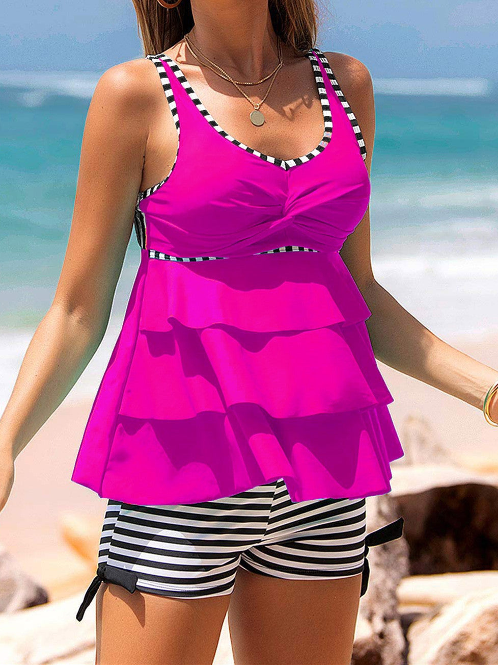 Layered Ruffle Hem Striped Tankini Set