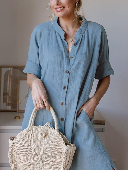 Women's Solid Color Stand Collar Casual Medium Length Shirt