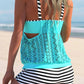 Striped Lace Stitching Cyan Tankini Set