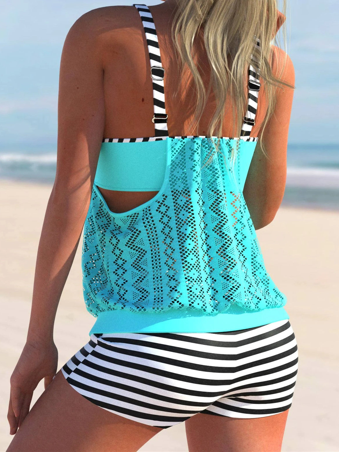 Striped Lace Stitching Cyan Tankini Set