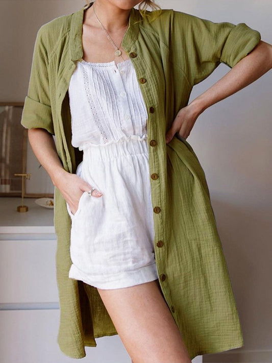 Women's Solid Color Stand Collar Casual Medium Length Shirt