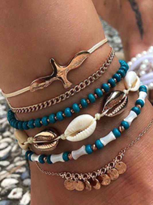 Set Of Six Boho Shell Fringed Anklets