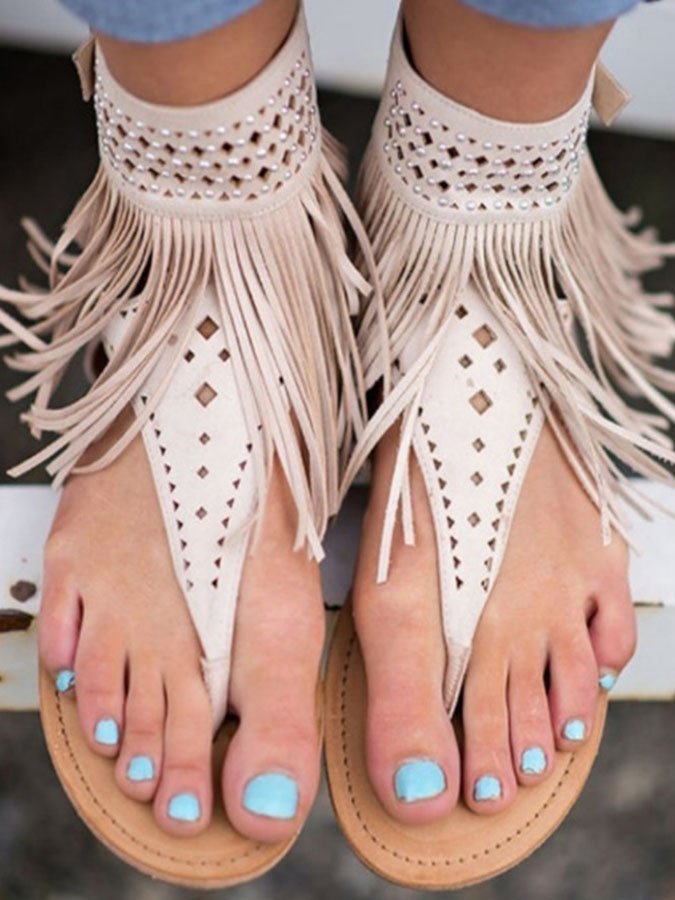 Boho Fringed Stud Flip Flops