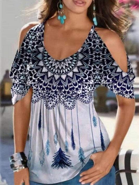 Ethnic Print Off-The-Shoulder Short-Sleeve Top