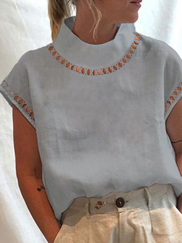 Women&#039;s Cotton Linen Lace Turtleneck Shirt