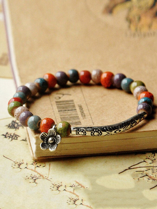 Women's ethnic style flower glaze bead ceramic bracelet