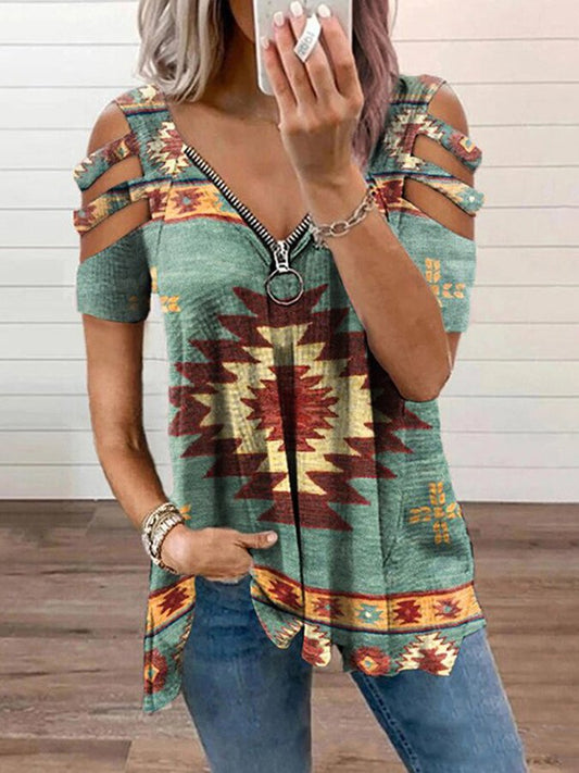 Vintage Geometric Print Zipper Casual T-Shirt