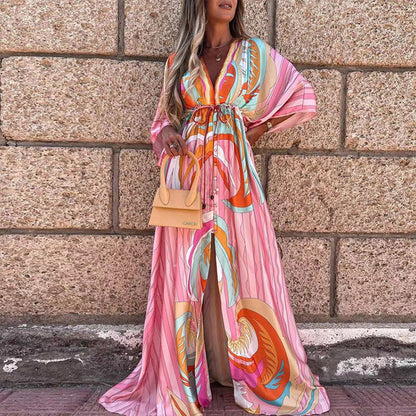 Digital Print V-neck Smocked Split Floor Length Dress