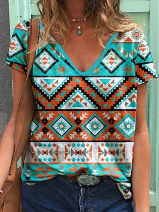 V-Neck Print Short Sleeve Loose T-Shirt