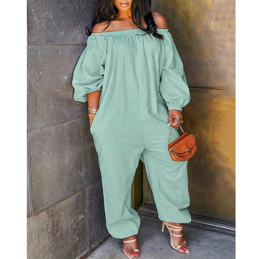 Off Shoulder Solid Lantern Sleeve Jumpsuit