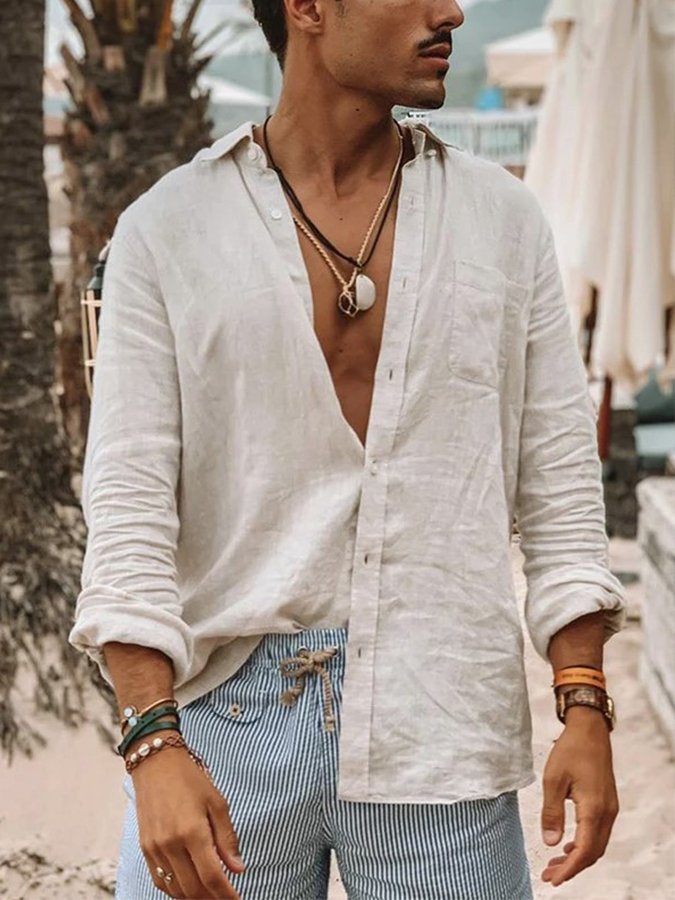 Men's cotton and linen button shirt