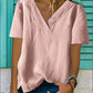 Women's Big V Neck Short Sleeve Hem Bifurcated Multi-layer Collar Pleated T-Shirt Top