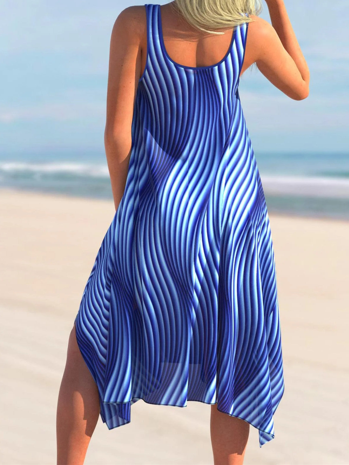 Blue Striped Asymmetric Hem Cover Up Dress