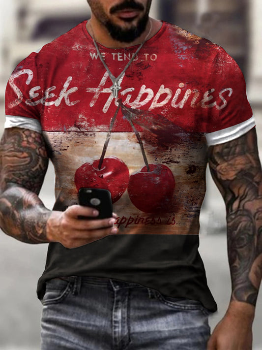 Crew Neck Cherries Color Block Short Sleeve Tops T-shirts