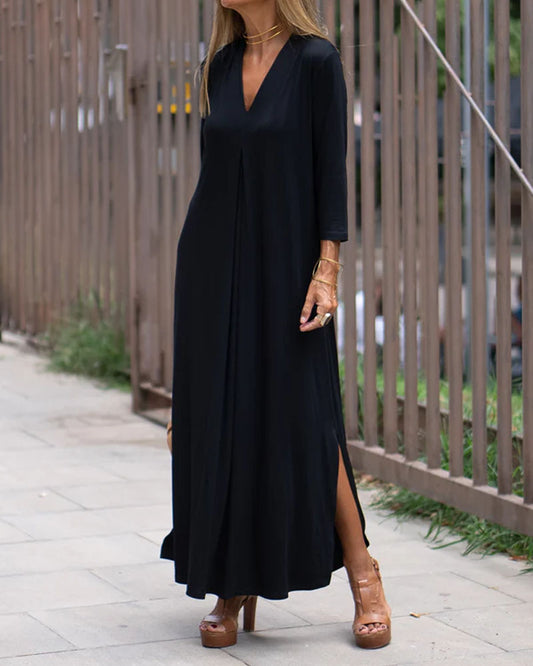 V-Neck Long Sleeve Loose Solid Color Dress