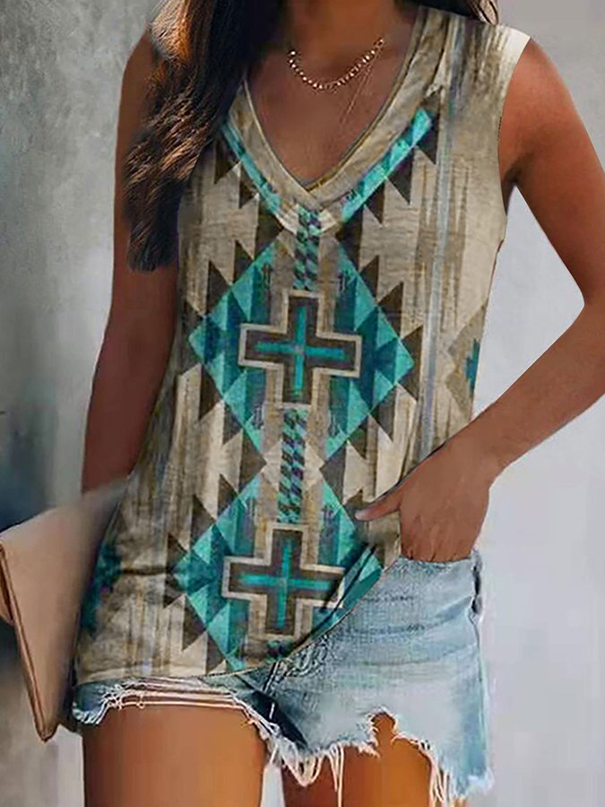 Ethnic Print V-Neck Vest