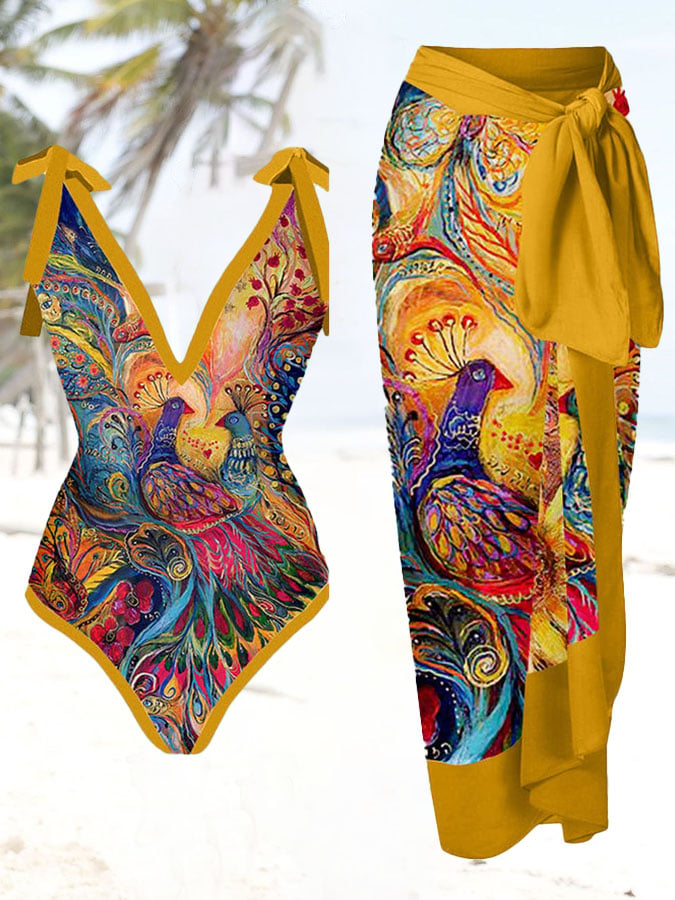 Peacock Floral Print Swimsuit And Apron