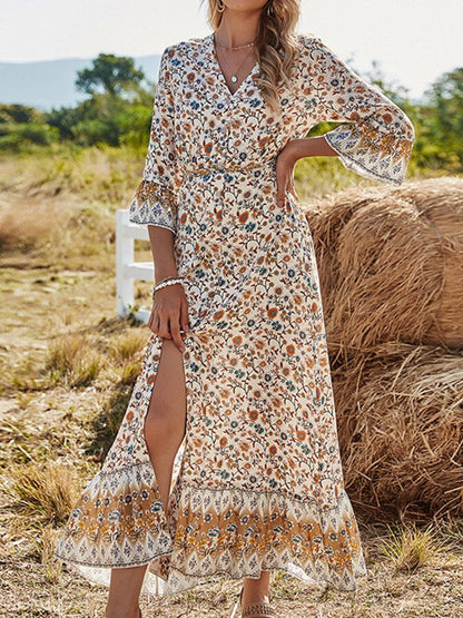 Retro Print Long Sleeve Dress