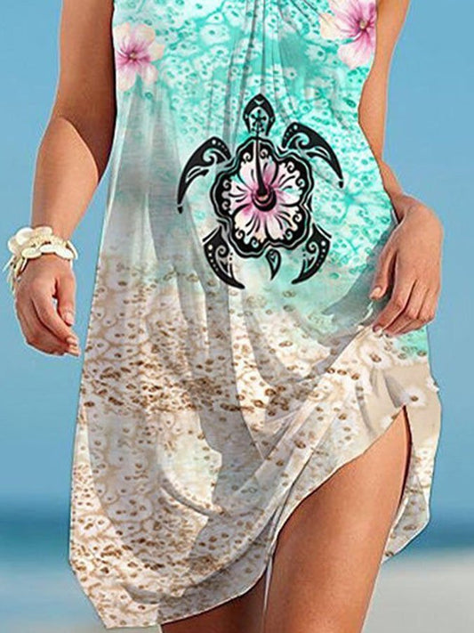 Sea Turtle Print Loose Strap Beach Dress