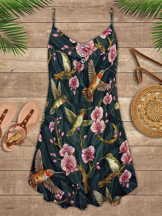 Hummingbird Floral Print Spaghetti Strap Dress