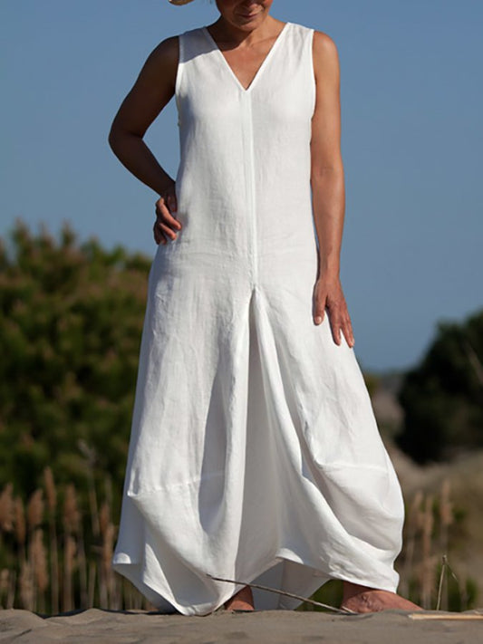 Solid Color V-Neck Irregular Hem Casual Dress