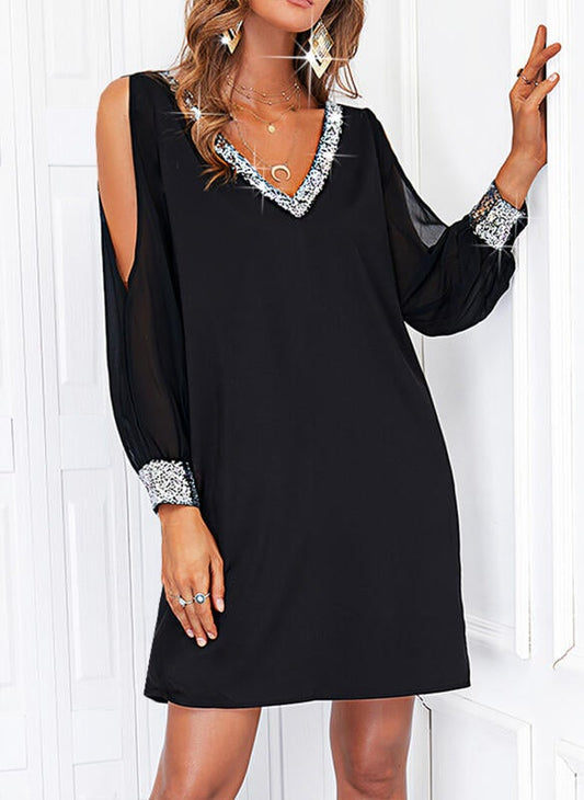 Women's Solid Sequins Long Sleeves Cold Shoulder Dress