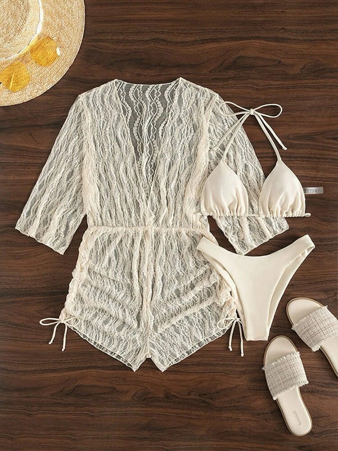 Sexy mesh waist drawstring sunscreen blouse 3-piece bikini