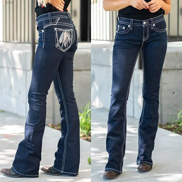 Feather Embroidery Mid Waist Stretchy Jeans