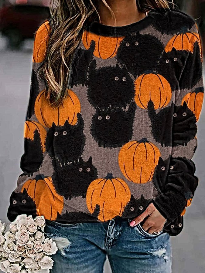 Pumpkin Black Cat Print Sweatshirt