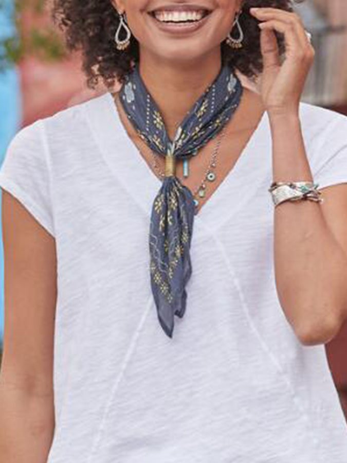 Solid Color V-Neck Cotton And Linen T-Shirt