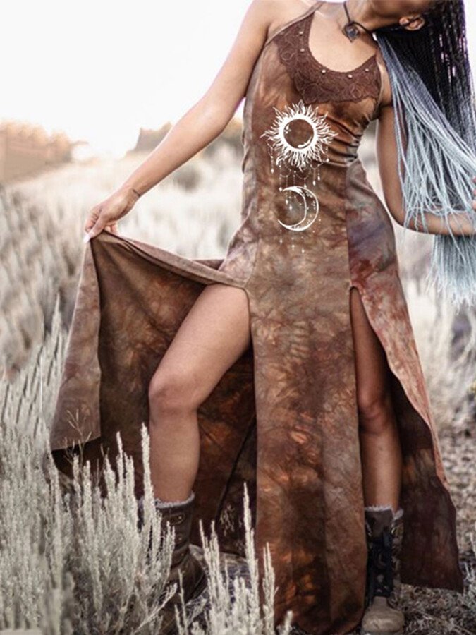 Women's Retro Printed Slit Dress